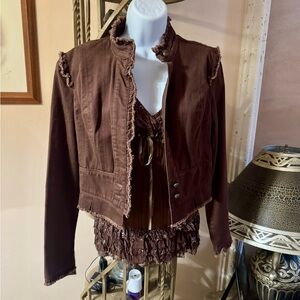 Miss Bisou Vintage Distress Brown Women's Jean Jacket - Boho Cottage Style M